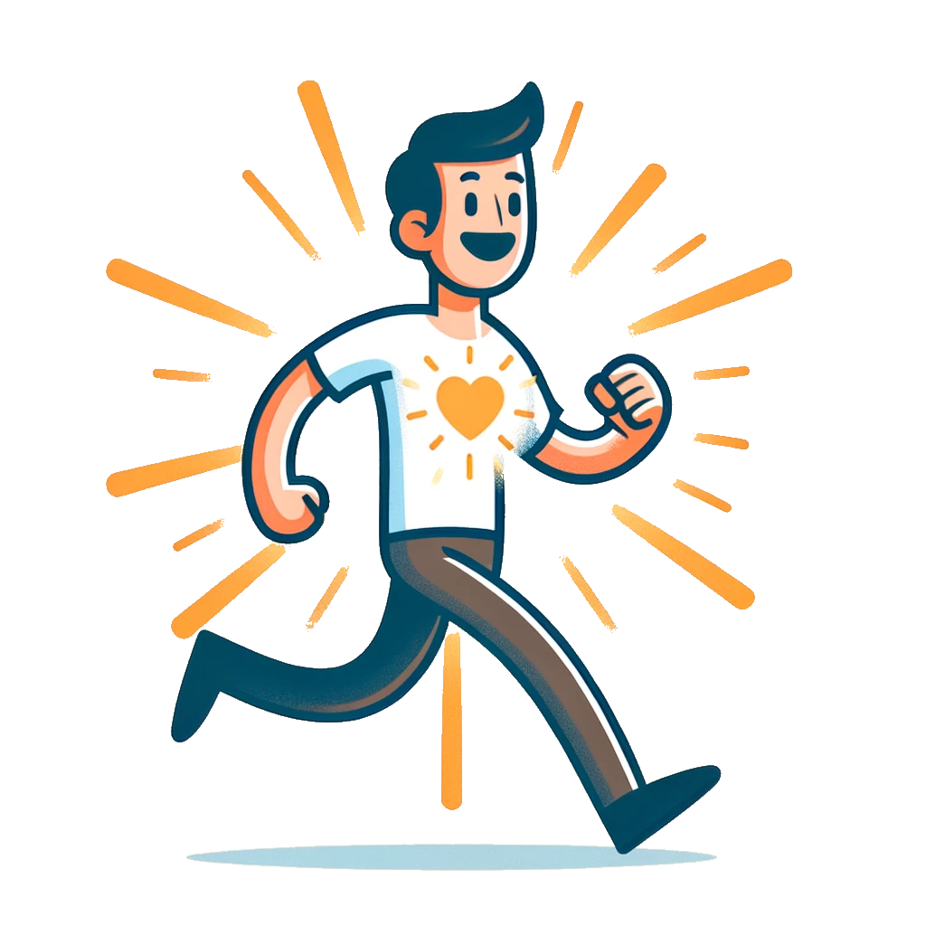 An energetic man running, his heart shining brightly.